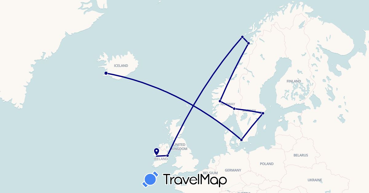 TravelMap itinerary: driving in Denmark, Ireland, Iceland, Norway, Sweden (Europe)